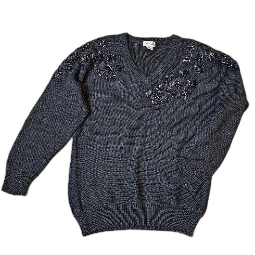 Vintage Black Sweater Beaded Flower Applique Knit V-neck Dolman Sleeve M Goth